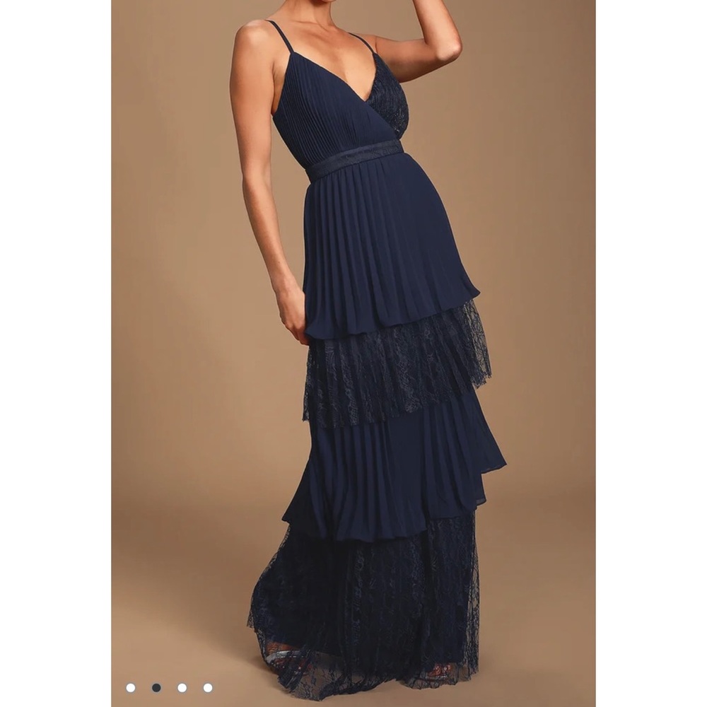 Lulus Navy Blue Pleated Lace Tiered Maxi Dress